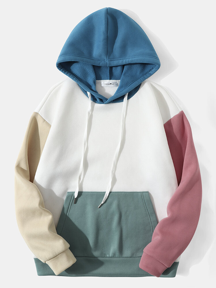 Men Contrast Color Patchwork Kangaroo Pocket Drawstring Preppy Hooded Sweatshirt