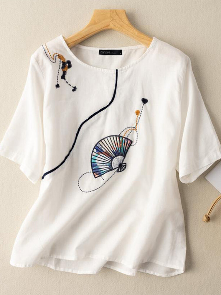 Fan Embroidered Round Neck Short Sleeve Cotton Blouse