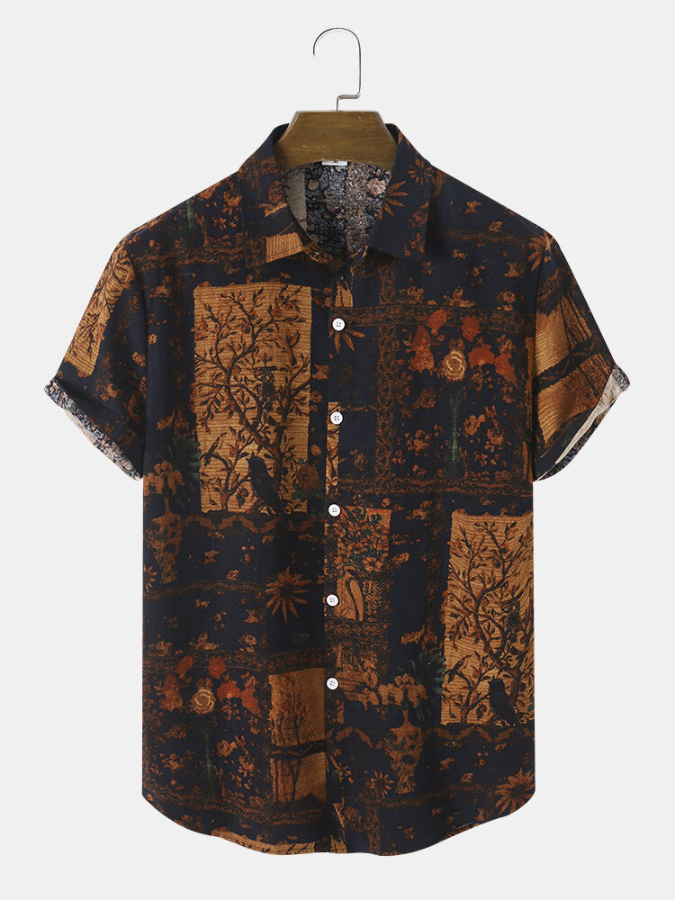 Mens Flower Plant Print Button Up Holiday Short Sleeve Shirts