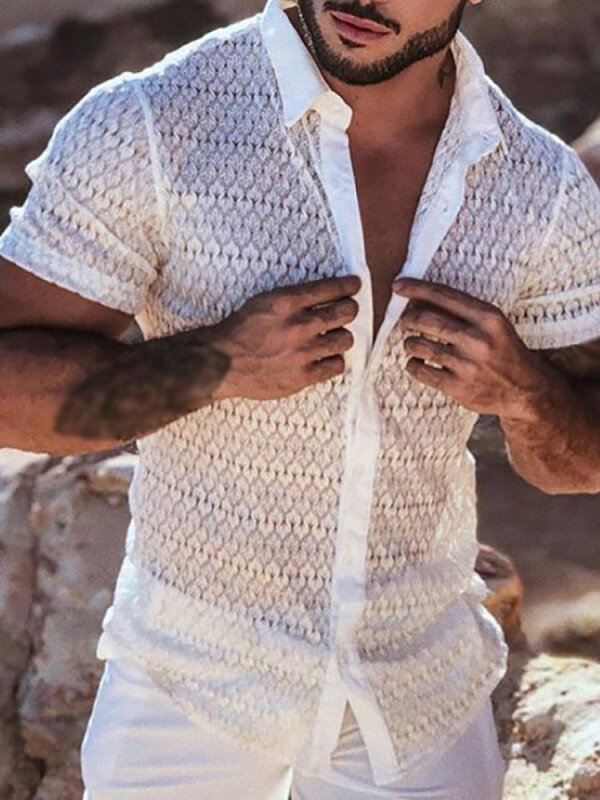 Men Lace Floral See Through Short Sleeve Lapel Collar Shirt