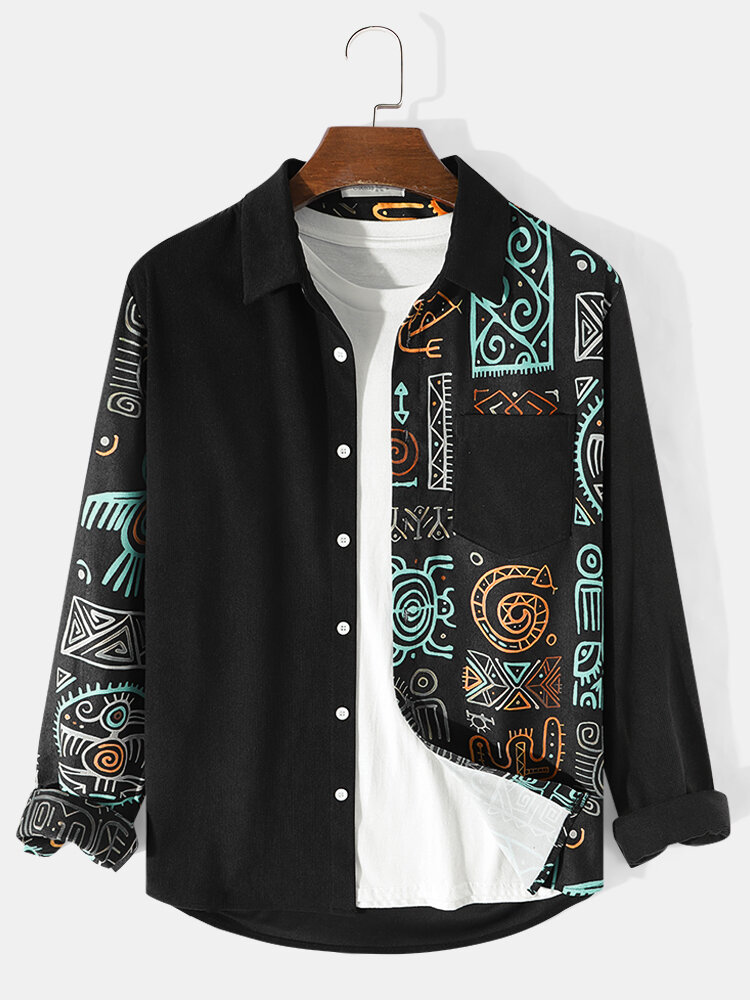 Men Ethnic Ornament Printed Long Sleeve Front Buttons Shirts