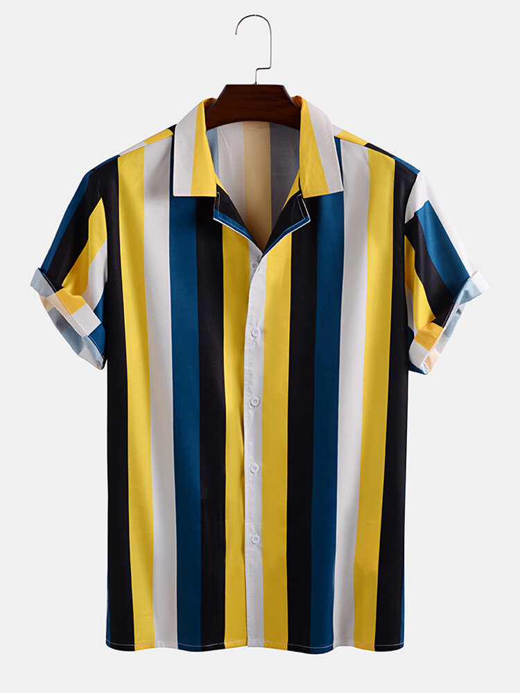 Mens Wide Striped Revere Collar Short Sleeve Shirts