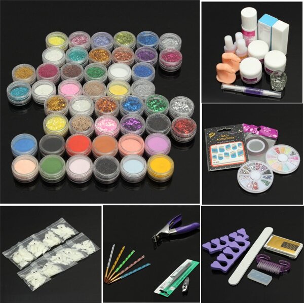 48 Pro Acrylic Glitter Powder Nail Art Gel Brush Tips Kit Set