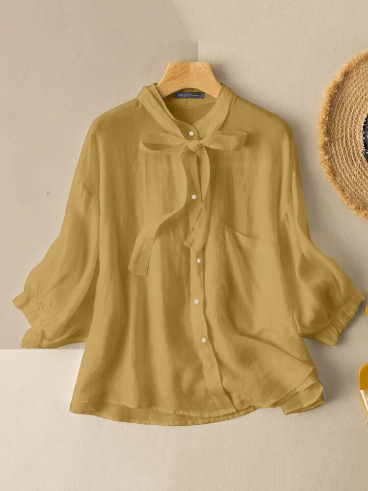 Solid color stand collar drawstring shirt for women