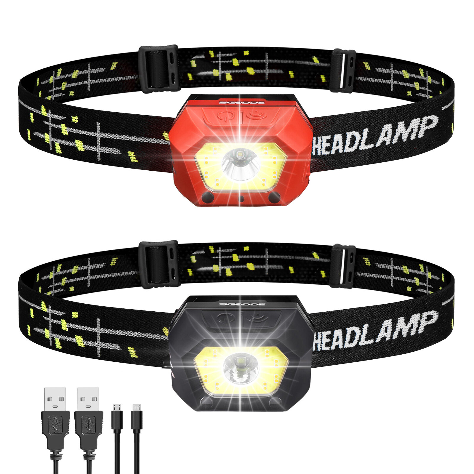 SGODDE 2PCS Five Modes Induction Headlamp USB Rechargeable Adjustable IPX65 Waterproof Outdoor Cycling Climbing Lighting