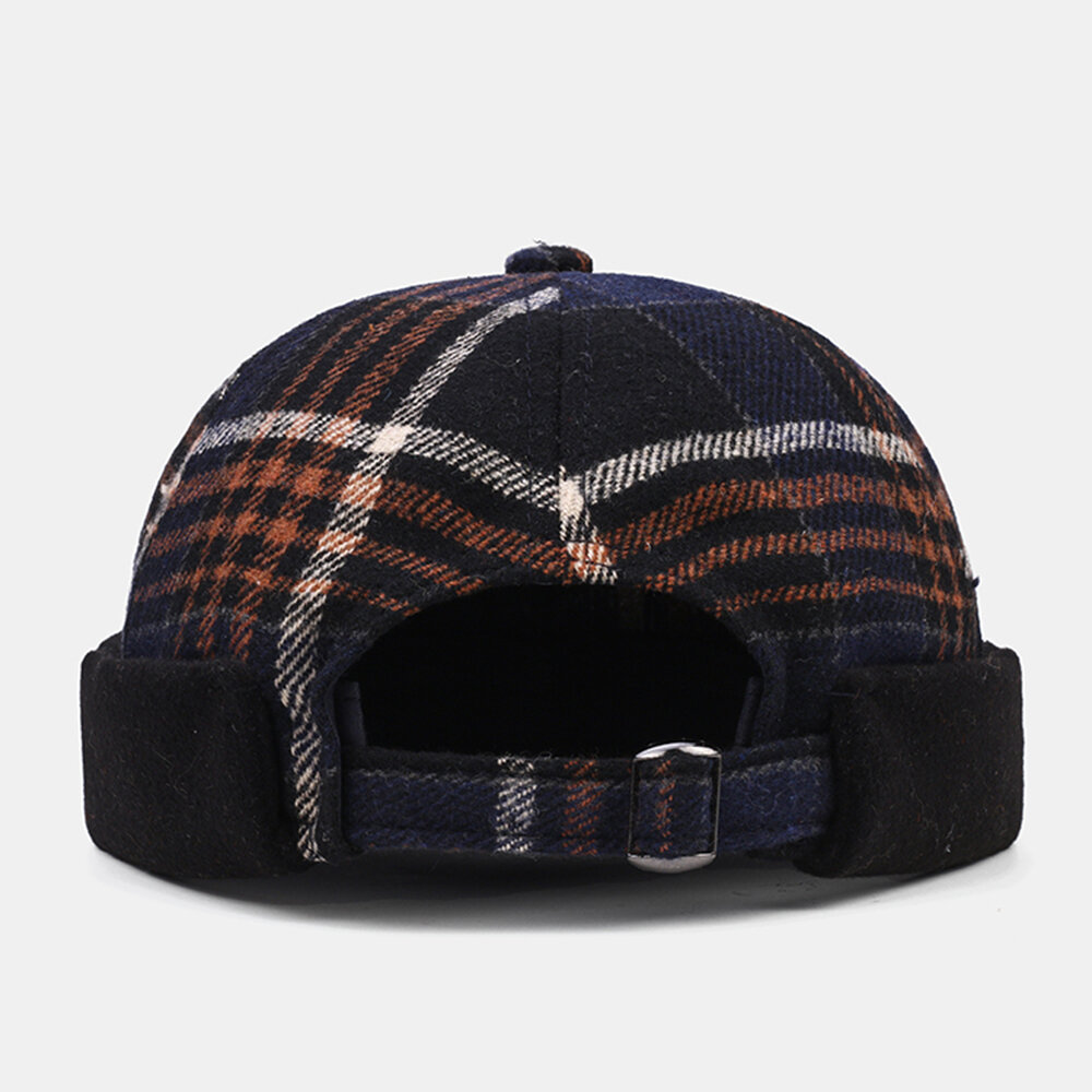 Collrown Unisex Casual British Style Lattice Stripes Pattern Brimless Skull Hat Landlord Hat Beanie