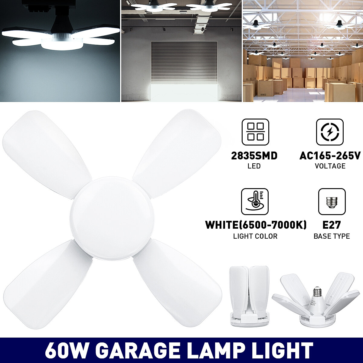 E27 60W LED garage gloeilamp 2835SMD vierbladige vervormbare plafond workshop lamp AC165-265V