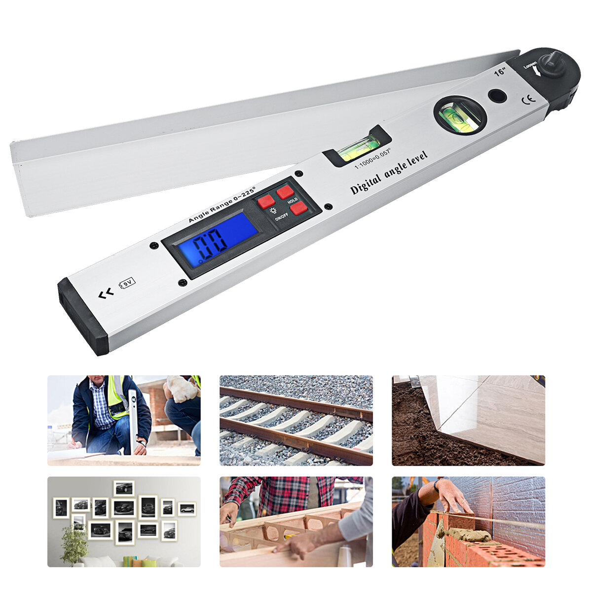 250/400mm Digital Angle Level Meter LCD Display 0-225 Degree for Measuring Roof Angles Fitting Up Windows or Doors Align