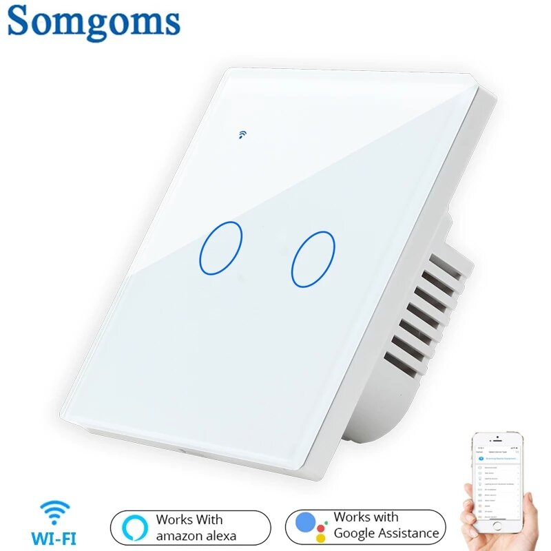 Somgoms SM-21W-EU Tuya WiFi Wireless 2Gang 2 Way Smart Wall Touch Switch AC 100V/220V Wireless Wall 