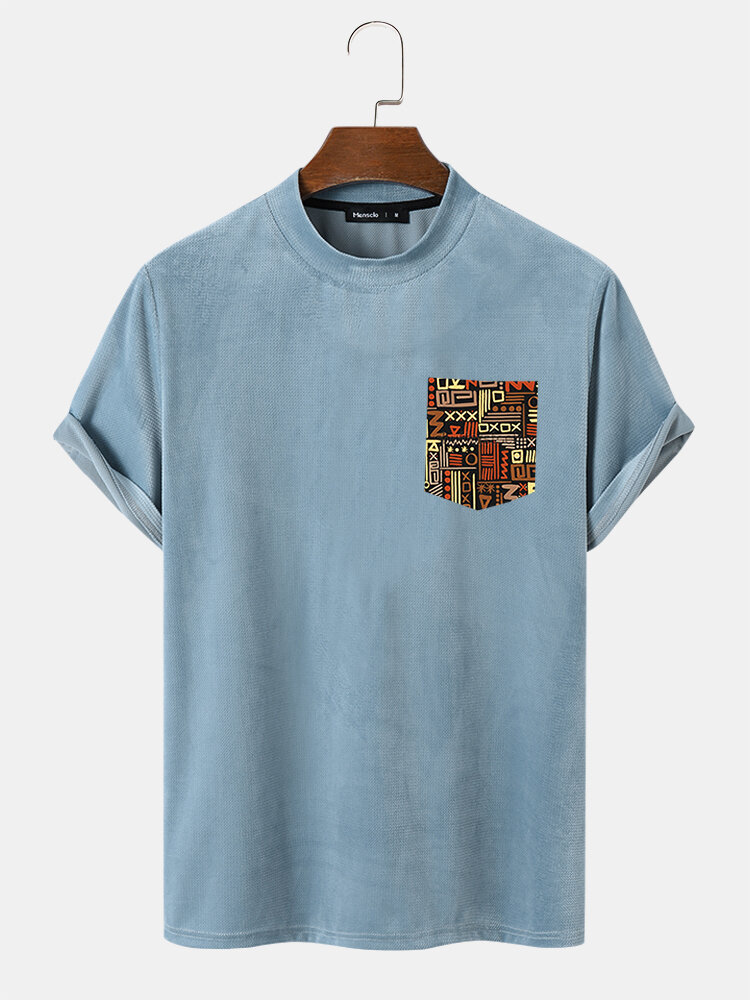 Heren geometrische borstzak mock hals T-shirts met korte mouwen