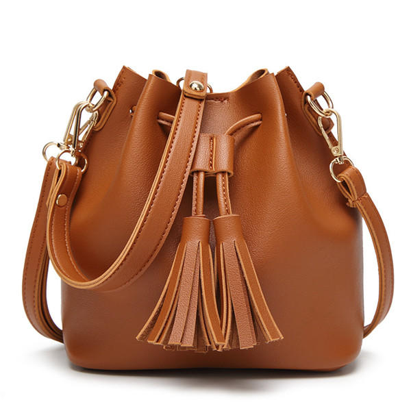 Women PU Leather Drawstring Bucket Bags Retro Tassel Shoulder Bags Crossbody Bags