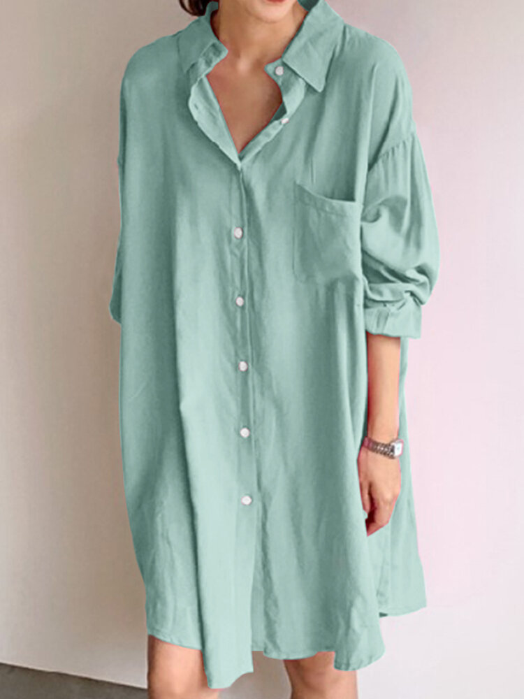 Women Solid Color Chest Pocket Button Lapel Long Sleeve Loose Shirt