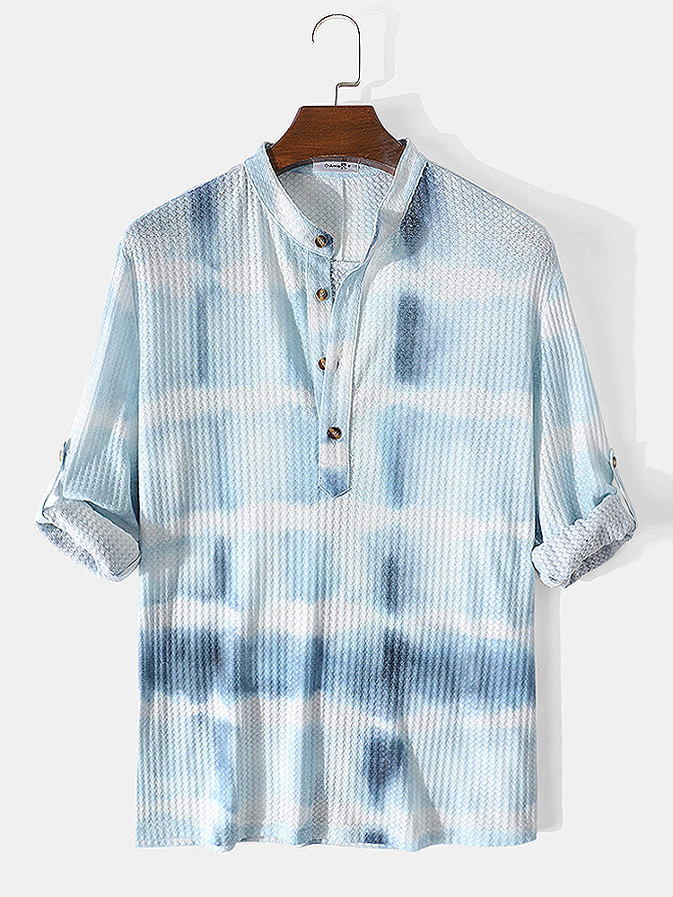 

Mens Waffle Tie-Dye Print Button Long Sleeve Henley Shirt