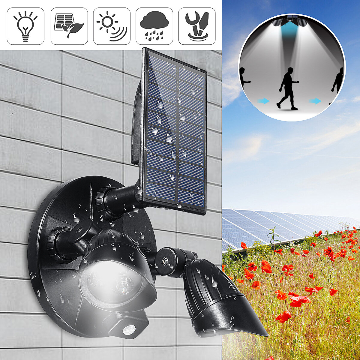6 LED Solar PIR Bewegingssensor Flood Spot Light Wall Garden Rotating