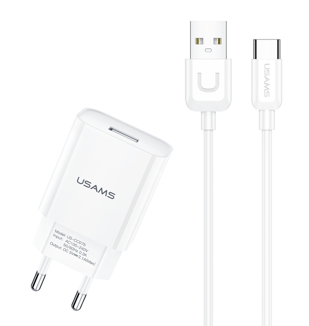 USAMS T21 2.1AシングルUSB充電器EUプラグ（充電ケーブル付き）iPhone 12 Pro Max for Samsung Galaxy S21 Note S20 ultra Huawei Mate40 P50 OnePlus 9 Pro