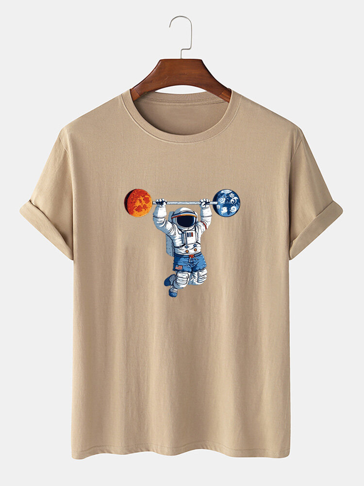 100 Cotton Mens Astronaut Print Round Neck Short Sleeve Funny T Shirts