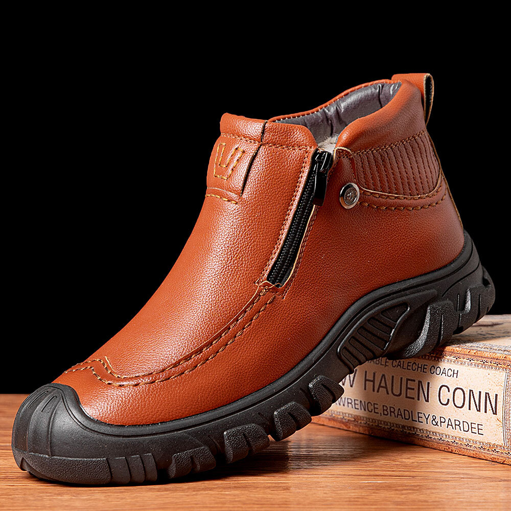 Men Warm Plush Lining Side Zipper Leather Boots