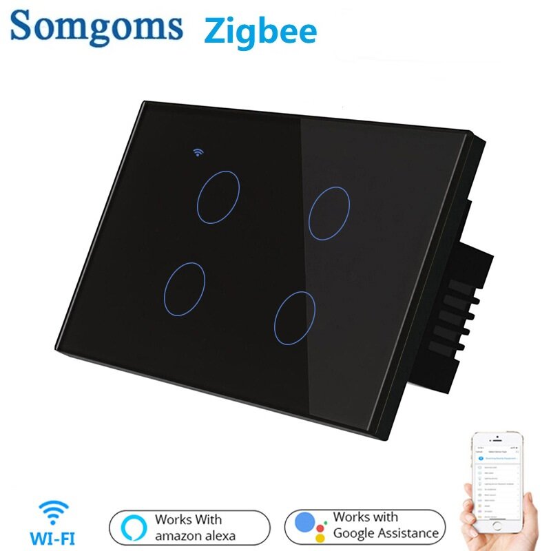 Somgoms Tuya 4Gang 1/2 Manier US WiFi ZB Slimme Verlichting Muur Touch Schakelaar APP Voice Afstands