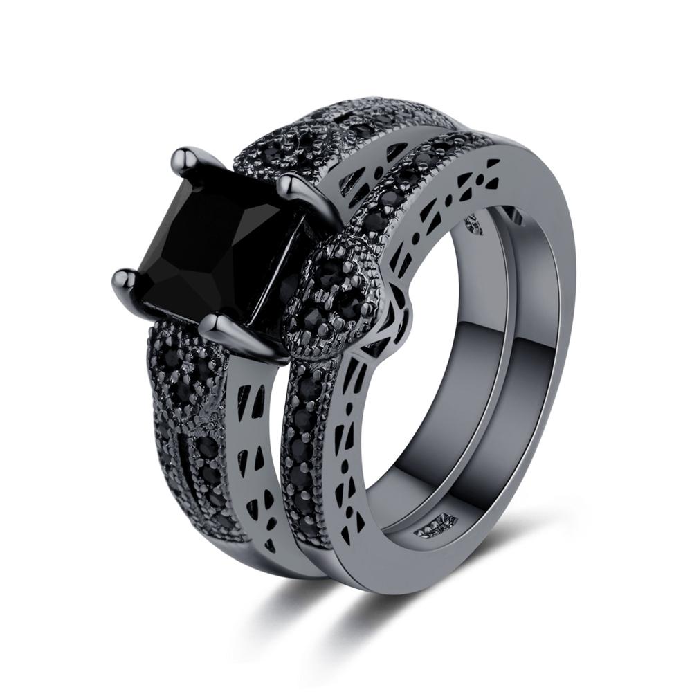 2Pcs/set Classic Engagement Ring Black Zirconia Heart Ring Sets for Women