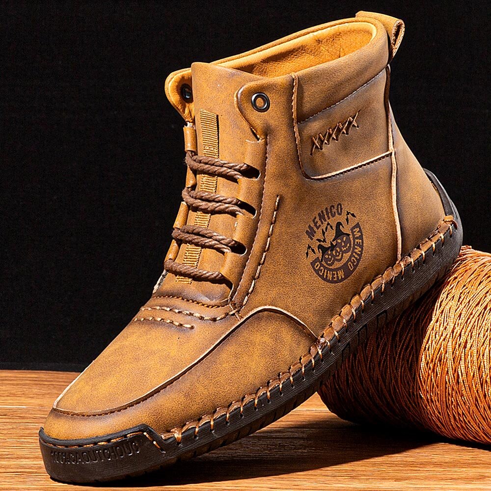 

Men Cowhide Hand-stitched Lace-up Comfy Soft Leather Hand Sewn Boots
