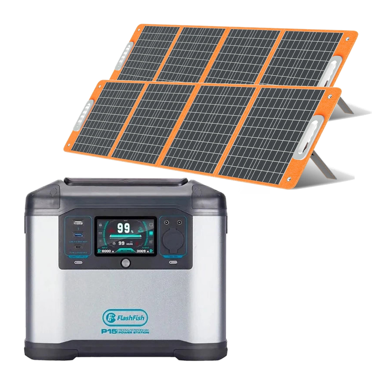 [EU Direct] FlashFish P15 1500W 1008Wh Outdoor Power Station with 2Pcs TSP 18V 100W Foldable Solar Panel, 280000mAh Lithium-ion Cells Solar Generator 1500W AC Output 2500W Surge Large Capacity Emergency Mobile Night Market Portable Camping Energy Storage