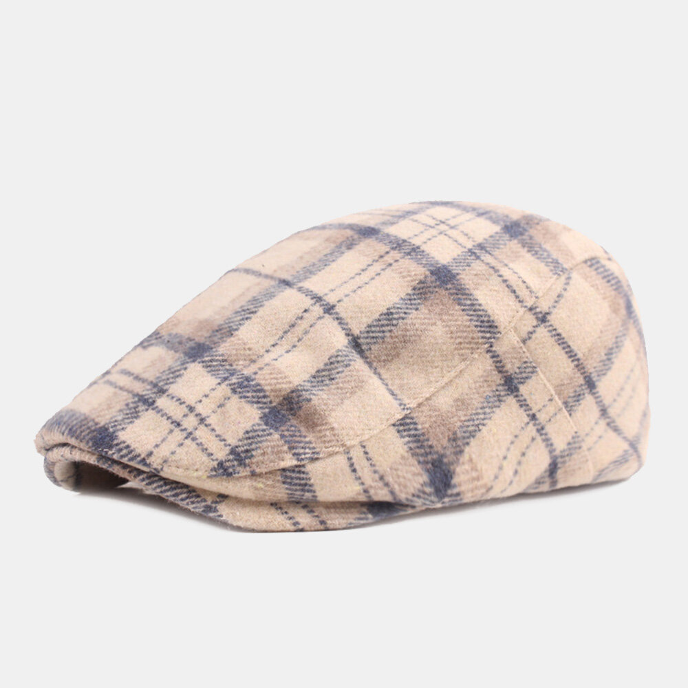 Men Cotton Lattice Pattern Thicken Warmth Casual Forward Hat Beret Flat Cap