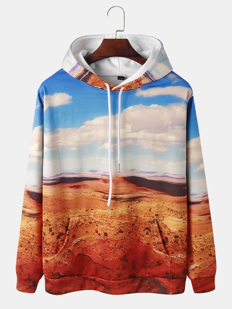 

Mens Allover Desert Scenery Print Drawstring Hoodies With Pouch Pocket