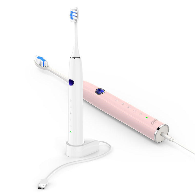 QYG?Q1?Sonic?elektrische?tandenborstel?Krachtige IPX7 waterdicht roze en wit met 2 tandenborstels