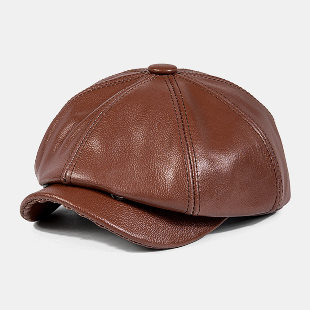 Men Octagonal Hat Plain First Layer Cowhide Autumn Winter Windproof Warm Berets Newsboy Hats
