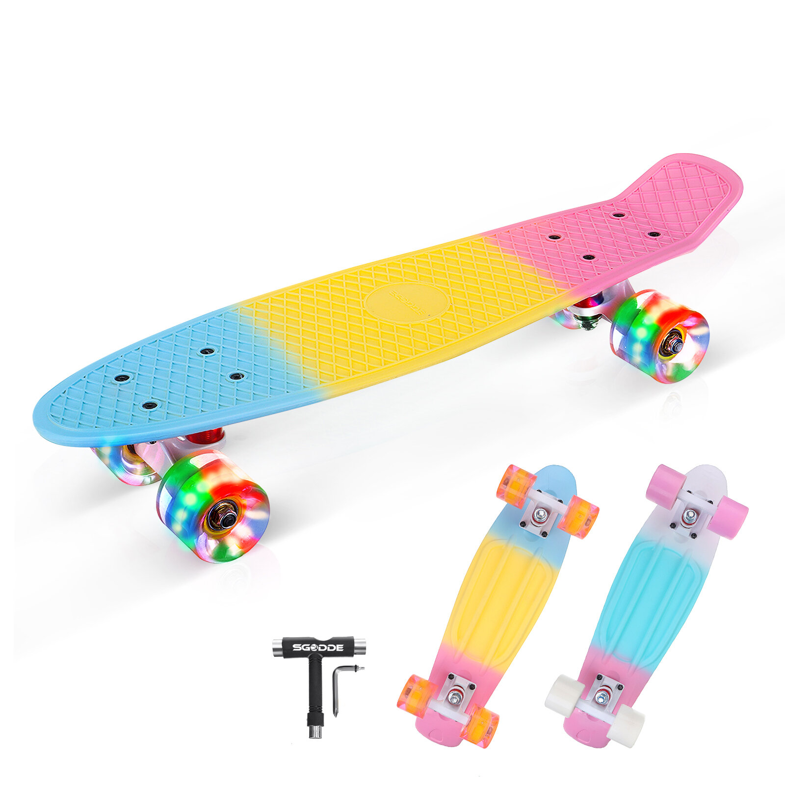 SGODDE 22" Mini Skateboards Cruiser Retro Skateboard Long-board for Kids Ages 6-12 with LED Wheels
