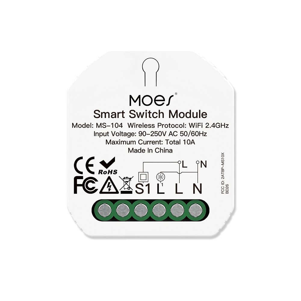 

MoesHouse MS-104N Smart Wifi Switch Module On/Off Relay App Remote Control 1 Gang 2-Way Tuya Smart Home Wireless Control