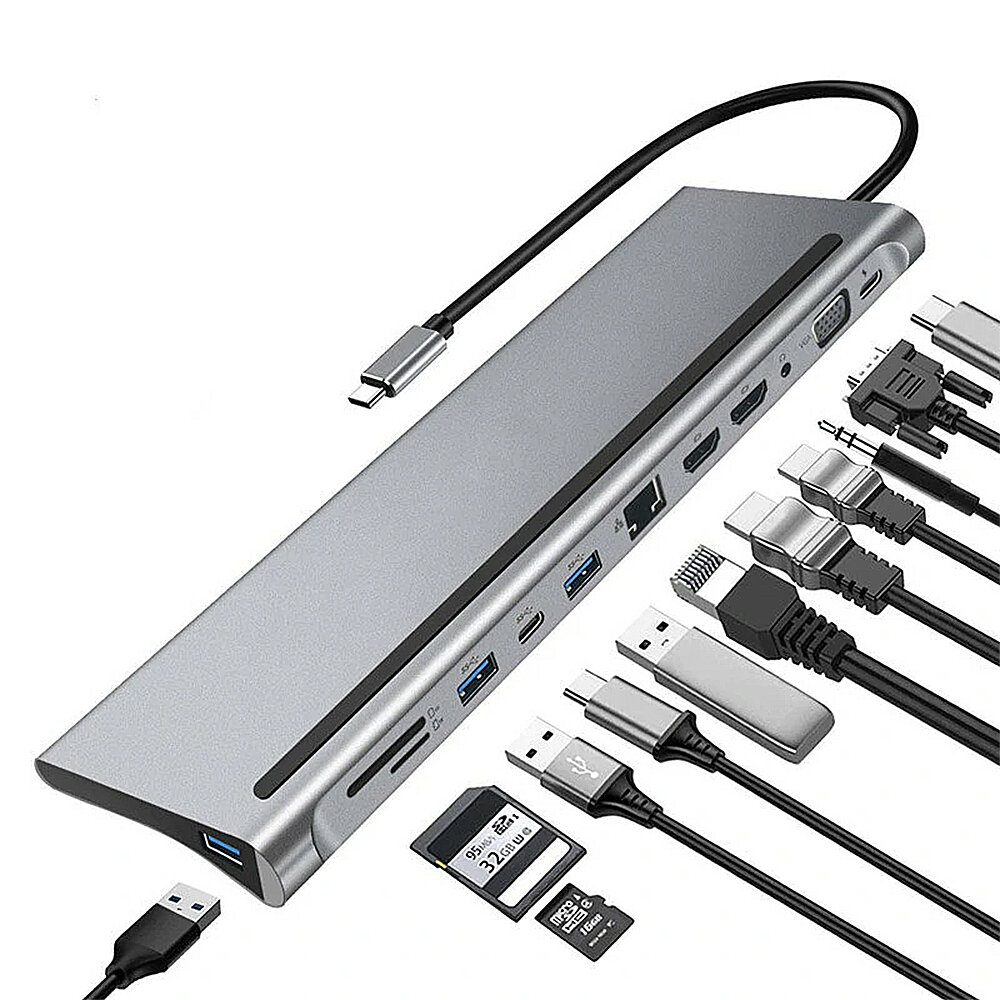 

Bakeey 12-in-1 Type-C Docking Station USB-C Hub Splitter Adaptor with Dual 4K HDMI Display 1080P VGA 87W USB-C PD3.0 Pow