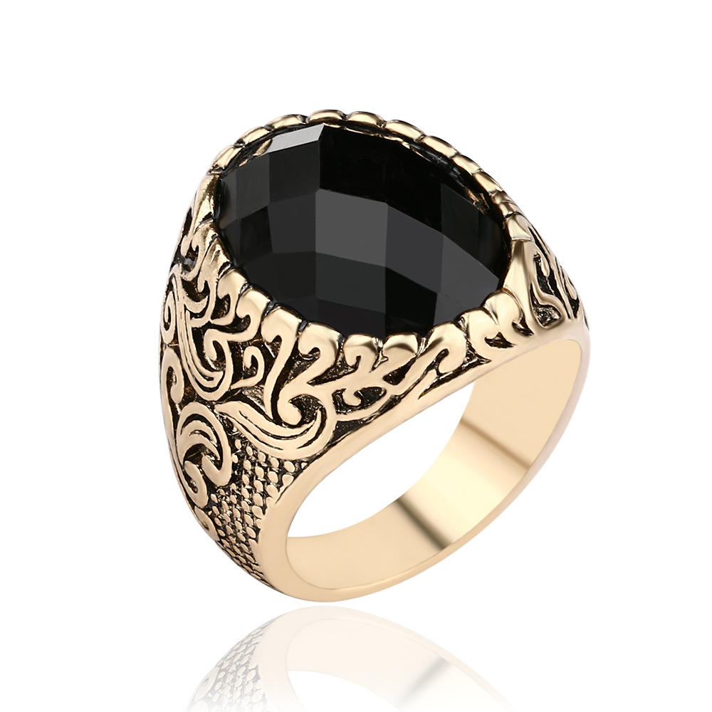Retro Classic zwarte edelsteen sieraden prachtige gesneden totem geometrie mannen ring