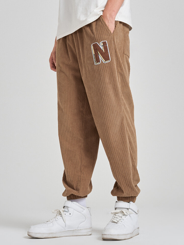 Mens Letter Patched Corduroy Drawstring Waist Loose Cuffed Pants