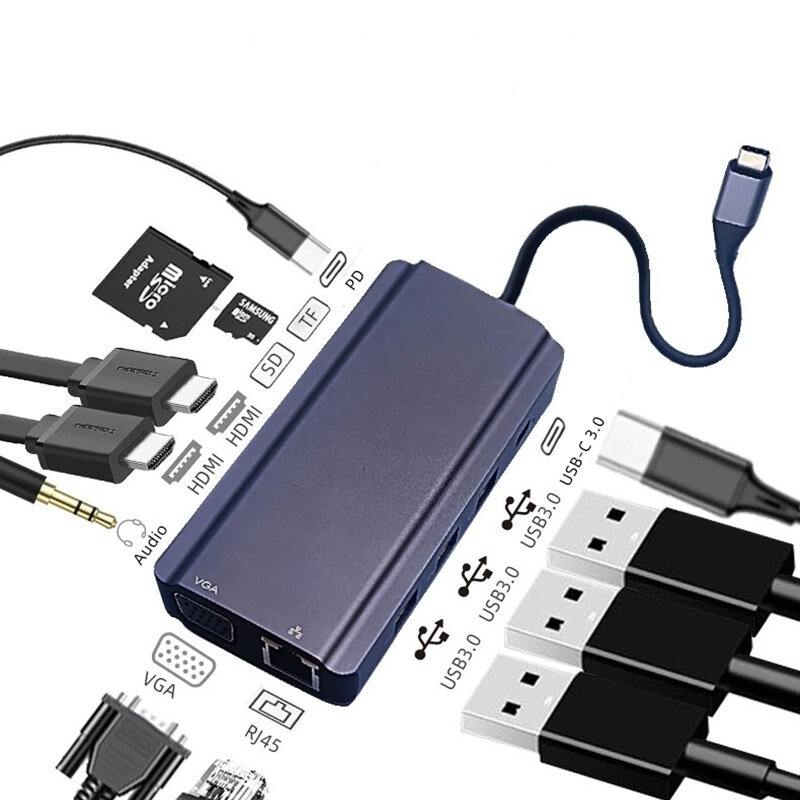 

Bakeey 12 In 1 Triple Display USB-C Hub Docking Station Adapter with 4K HDMI HD Display / 1080P VGA Display / 100W USB-C