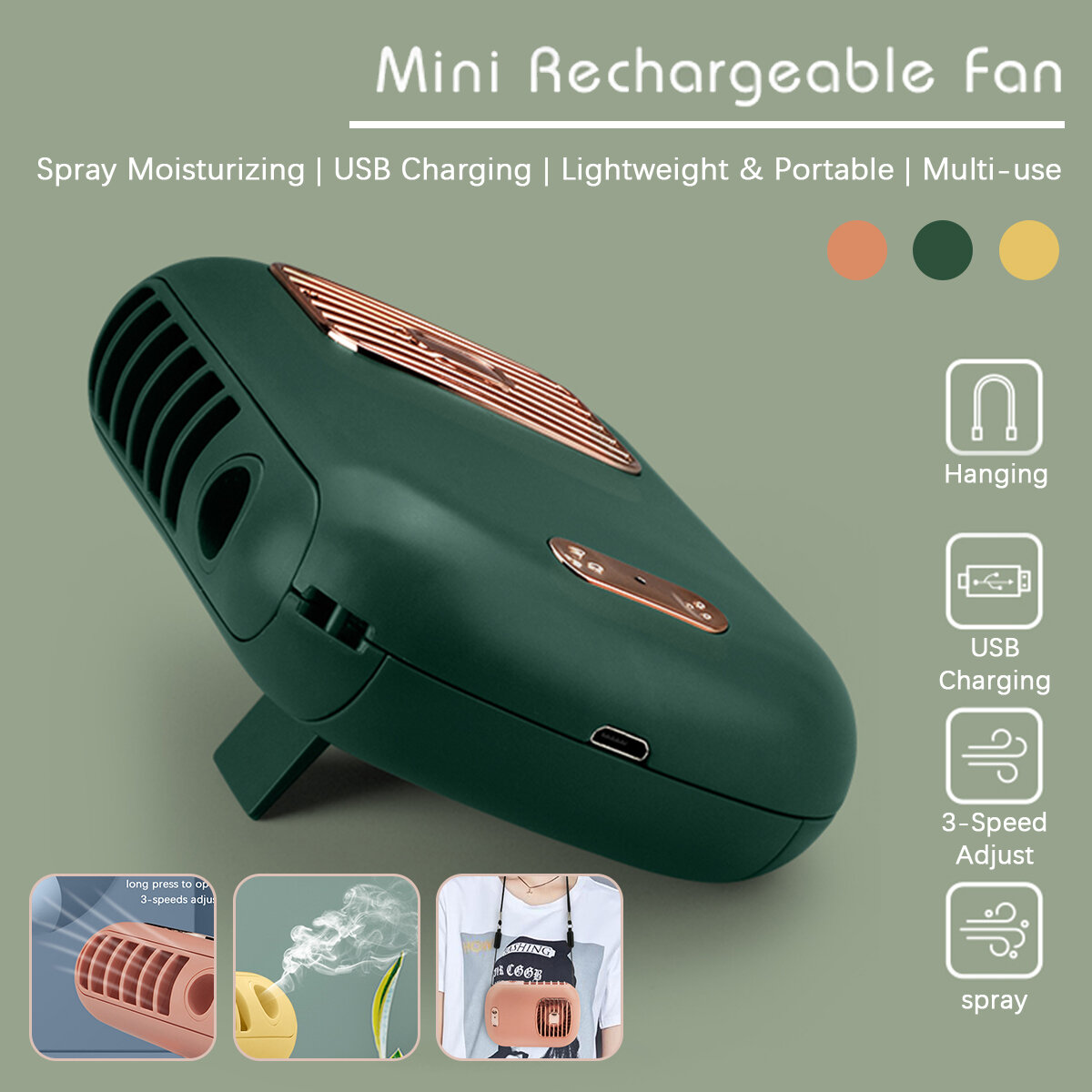 Draagbare mini handheld / hangende nek 3-niveau windsnelheid Spray Hydraterende USB-ventilatorkoeler