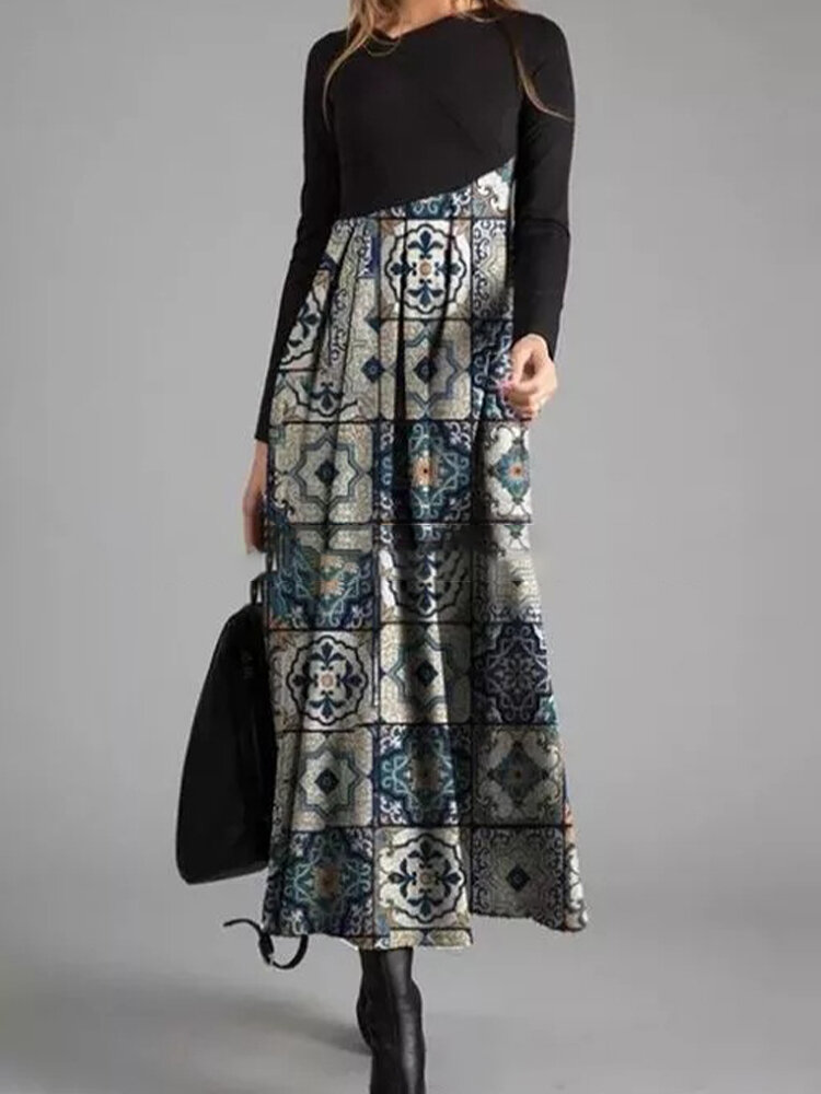 Women Vintage Ethnic Print Patchwork V-Neck Long Sleeve Casual Dress
