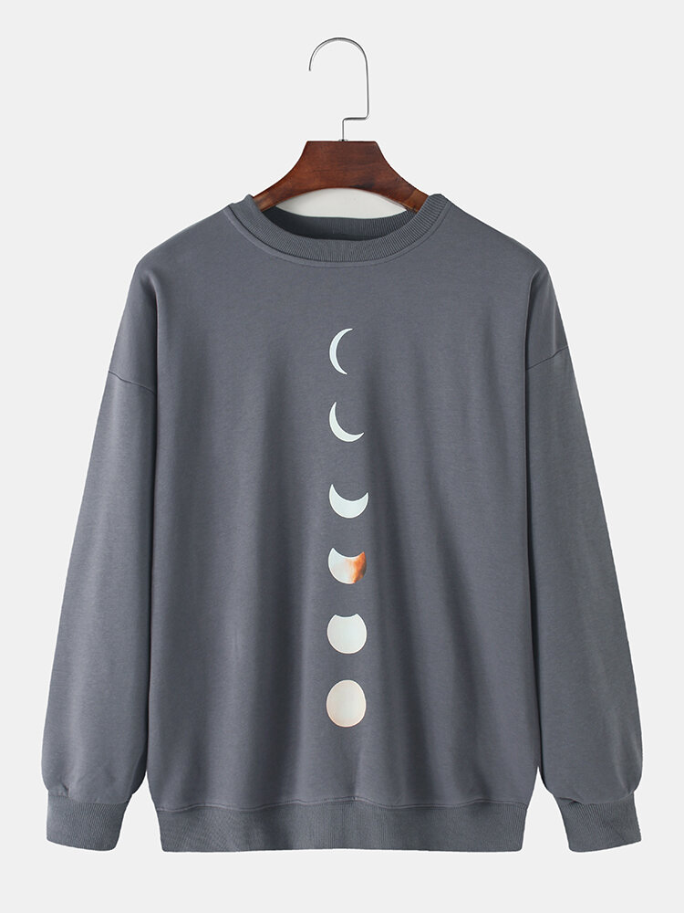 100 Cotton Mens Lunar Eclipse Print Pullover Round Neck Sweatshirts