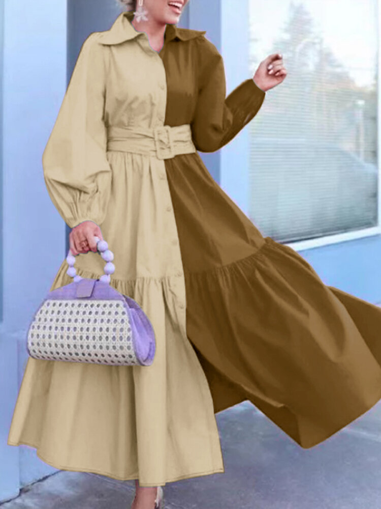 Dames lange mouwen geplooide losse contrasterende kleurblok patchwork effen revers midi-jurken