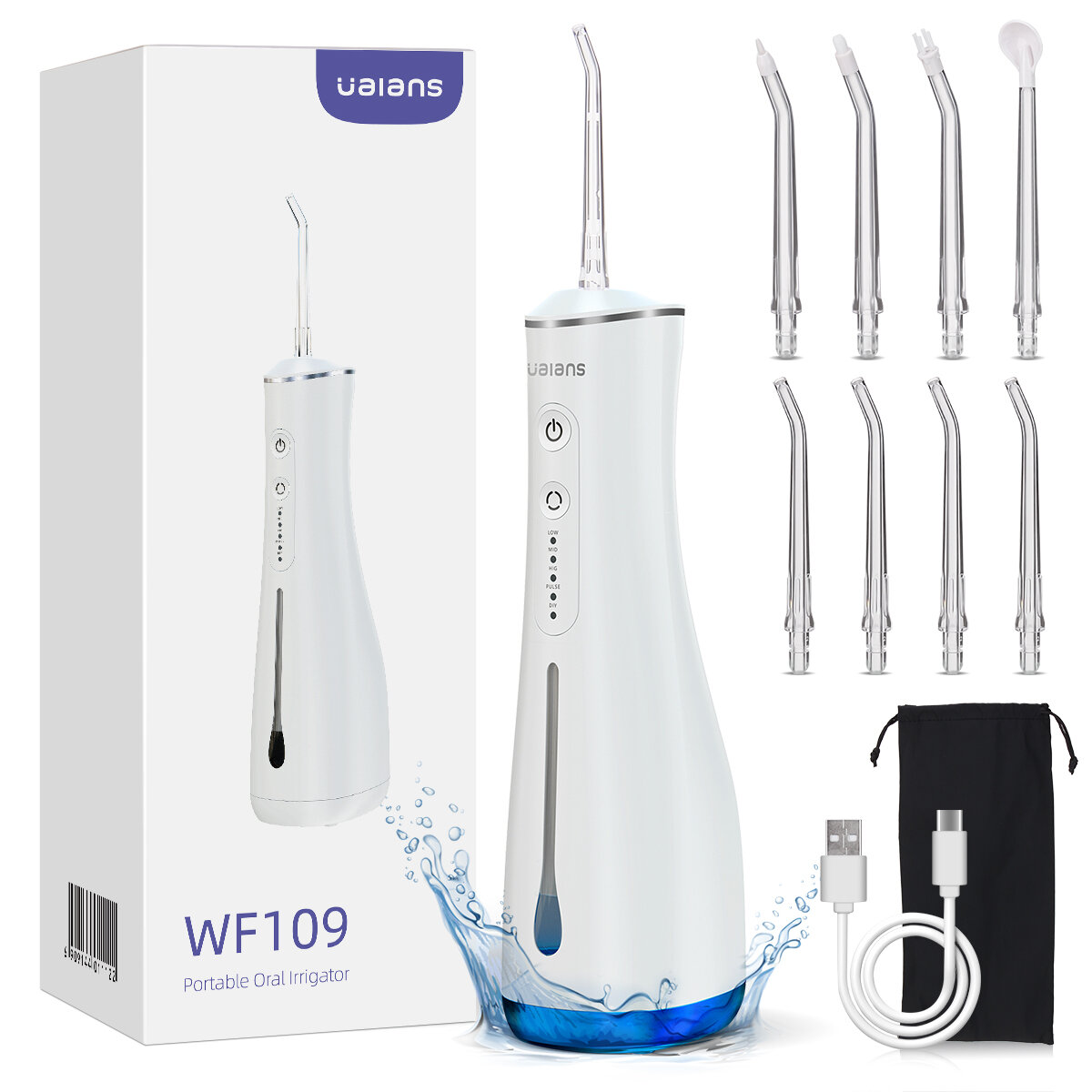 

UALANS Water Flosser Oral Irrigator With 5 Modes 8 Replacement Heads 300ml Timed Cordless Water Flosser Pick IPX7 Waterp