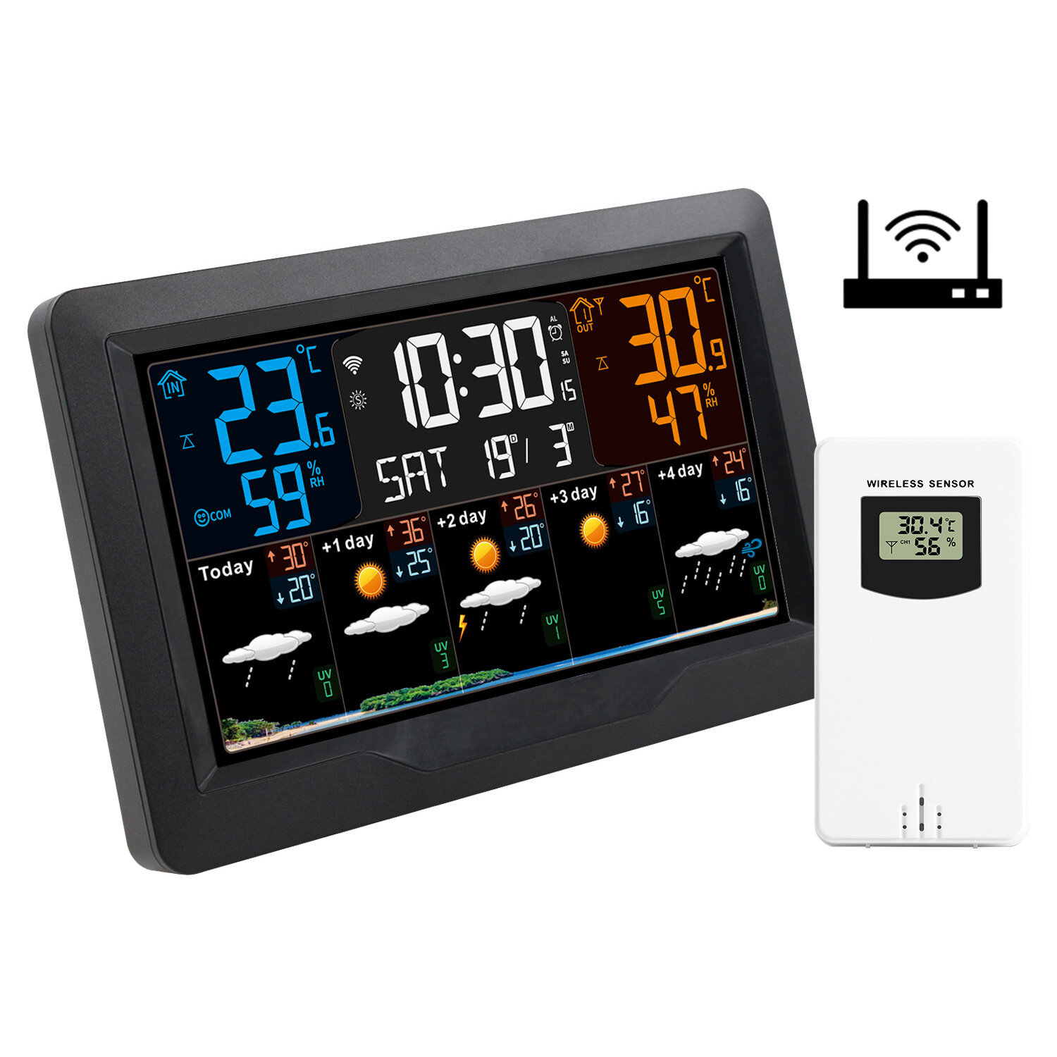 

Tuya Smart WiFi Weather Clock with TuyaSmart Connectivity Indoor Outdoor Temperature Humidity Monitor Digital Alarm Fore