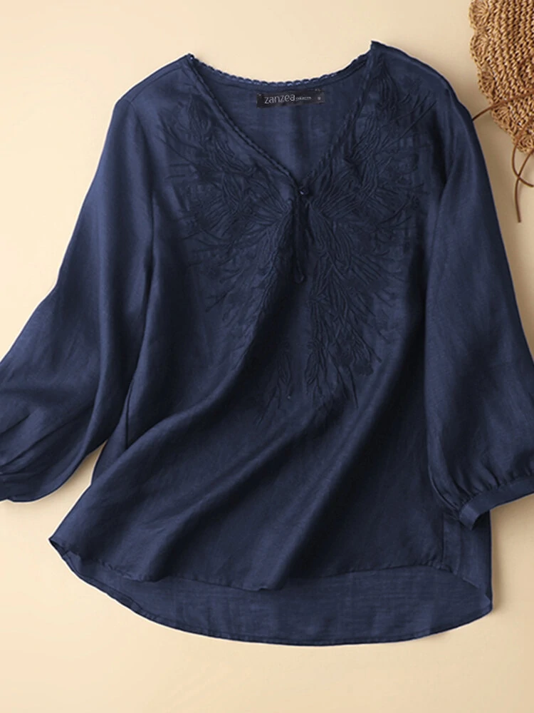 Plant embroidery long sleeve v neck casual blouse