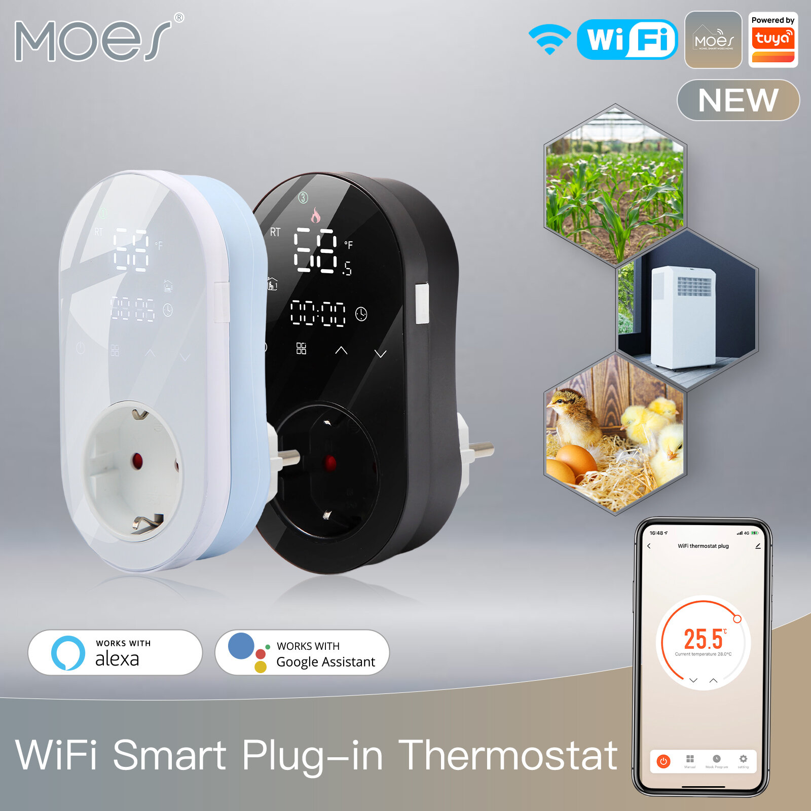 Smart WiFi Thermostat EU Plug LED Programmable Outlet Temperature Heating Cooling Mode 16A Socket Remote Hatching APP Co