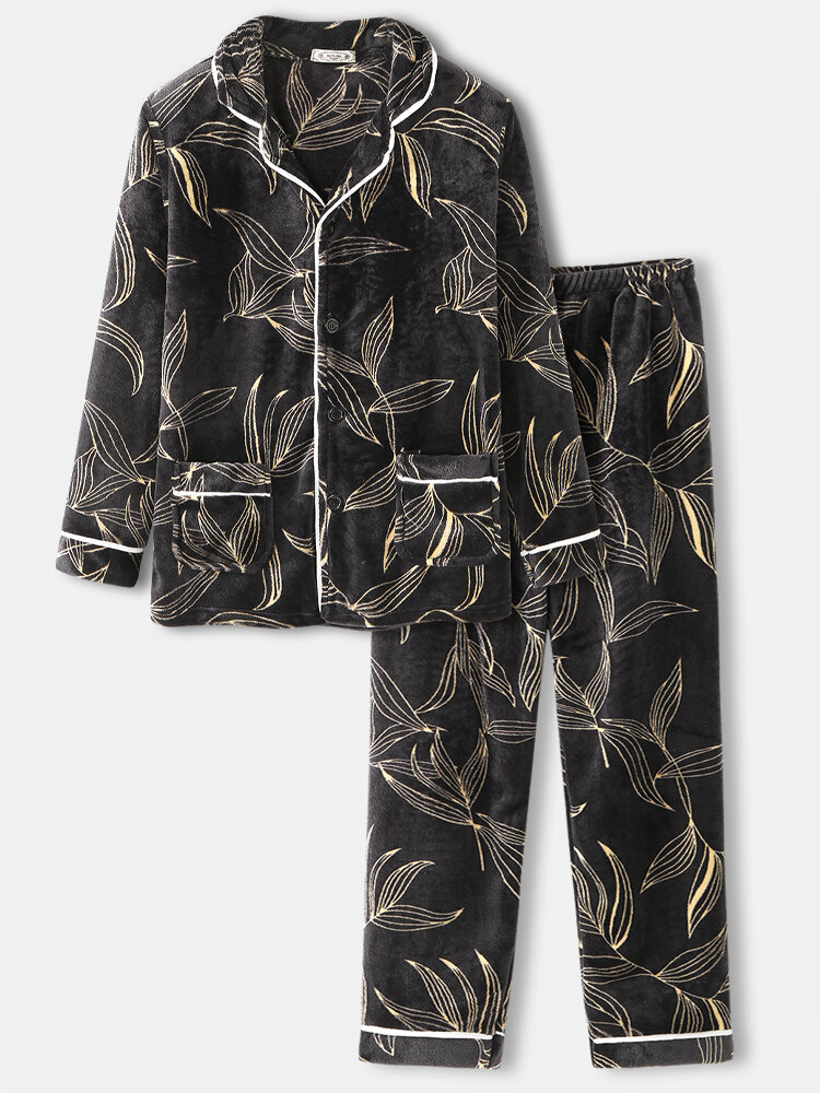 

Mens Thick Leaves Print Revere Collar Long Sleeve Pocket Shirt Warm Home Pajama Set