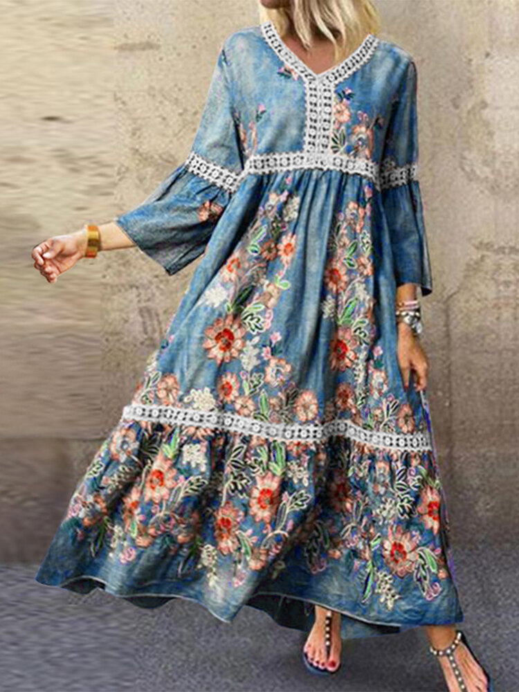 Women Floral Print Lace Trims V-Neck Flounce Half Sleeve Vintage Maxi Dresses