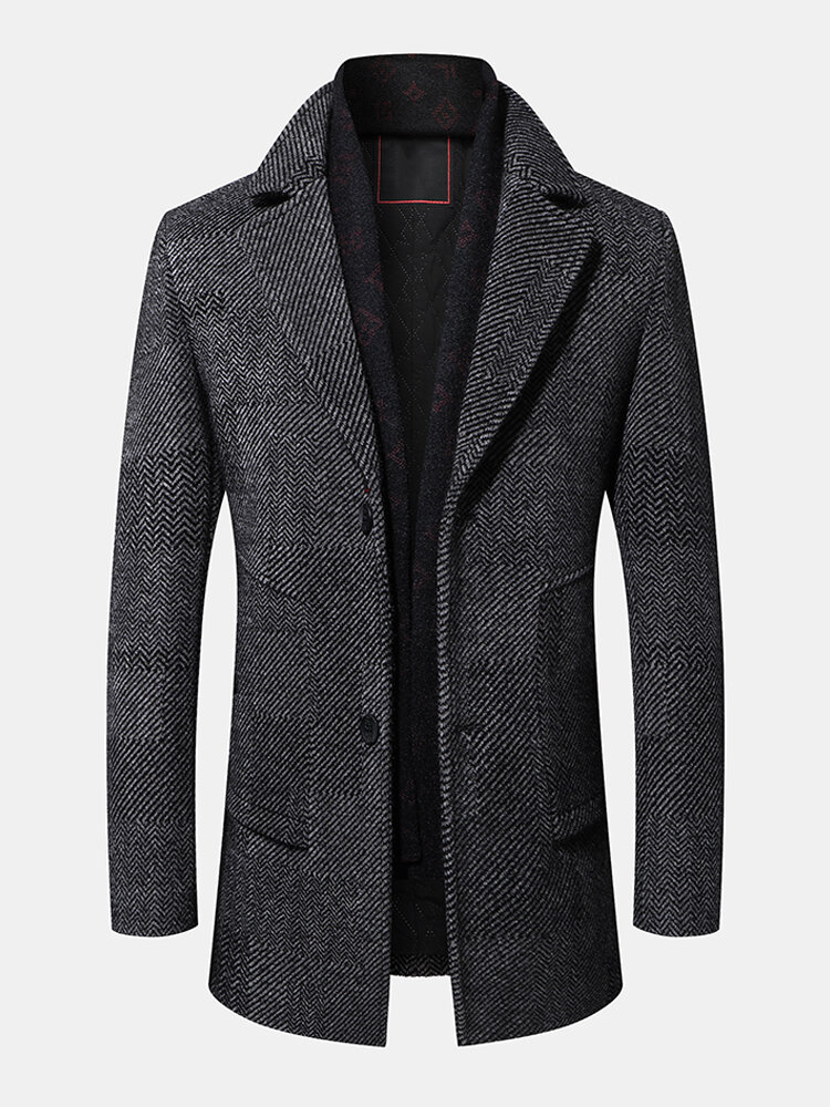 Mens Single-Breasted Flat Collar Business Woolen Trench Coats With Scarf