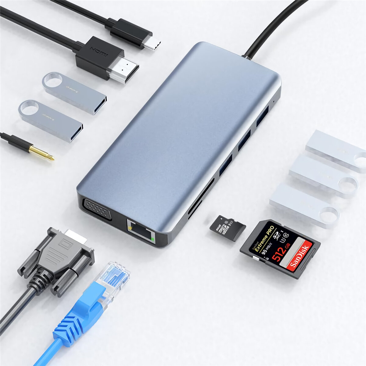 12-in-1 Type-C Dockingstation USB3.0 Hub HDMI-compatibele 4K-converter RJ45 100M Ethernet 100W PD sn