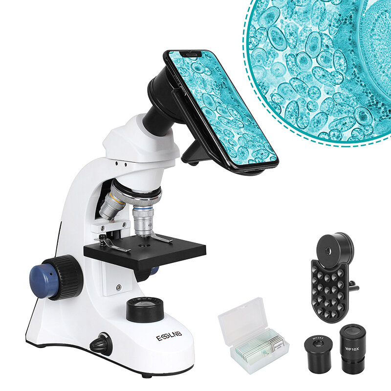 [US Direct] ESSLNB ES1040 Microscope for Junior Students Adults 40X-1000X with Slide LED Translucent and Light Coaxial Coarse and Fine Drive All Optics Glass Battery and Mains Operated
