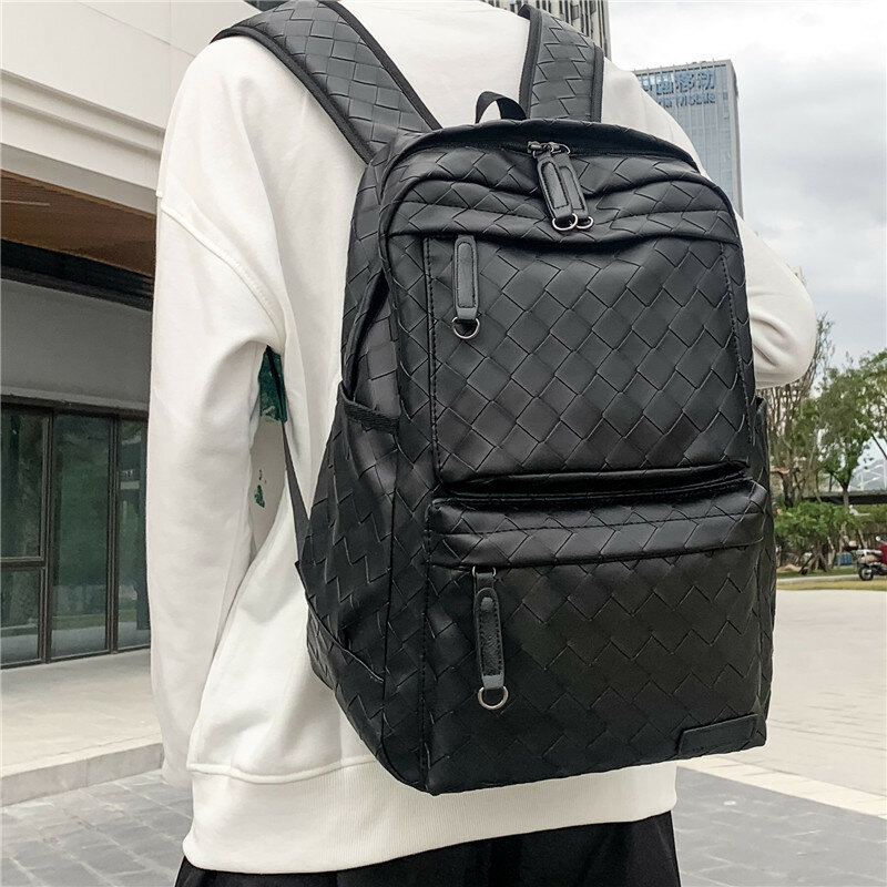 Men Faux Leather Large Causal Woven Capacity 14 Inch Laptop Bag School Bag Travel Backpack
