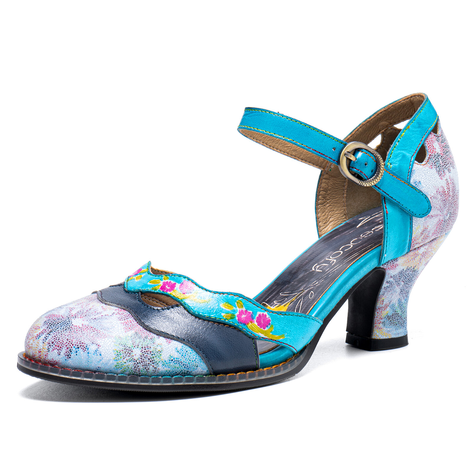 

Socofy Genuine Leather Retro Buckle Fashion Floral Colorblock Comfy Mary Jane Heels